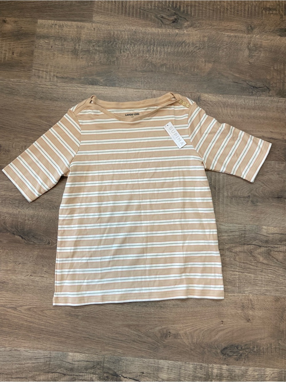 Lands' End Womens  Supima Cotton Elbow Sleeve Boatneck Button Shoulder Tee Small
